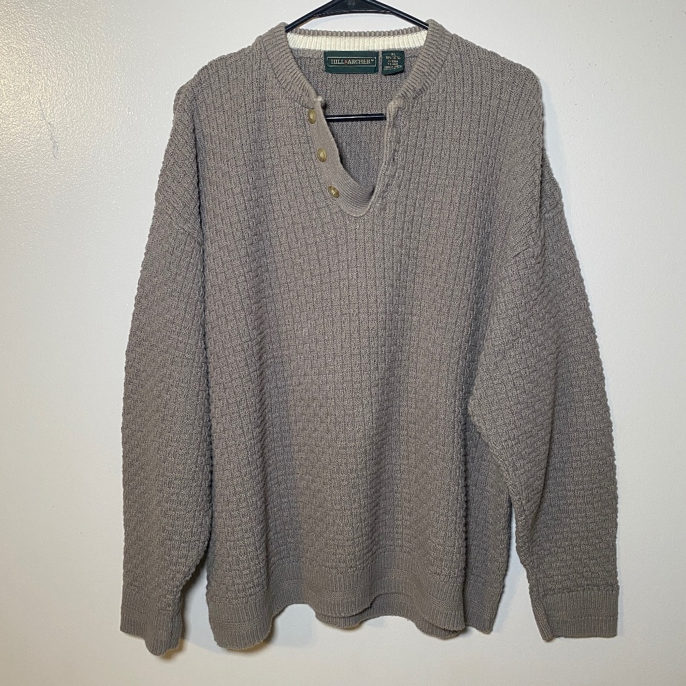 Hill & Archer Knit Henley Sweater Mens Size XL Geometric Tan Brown Heavy Warm